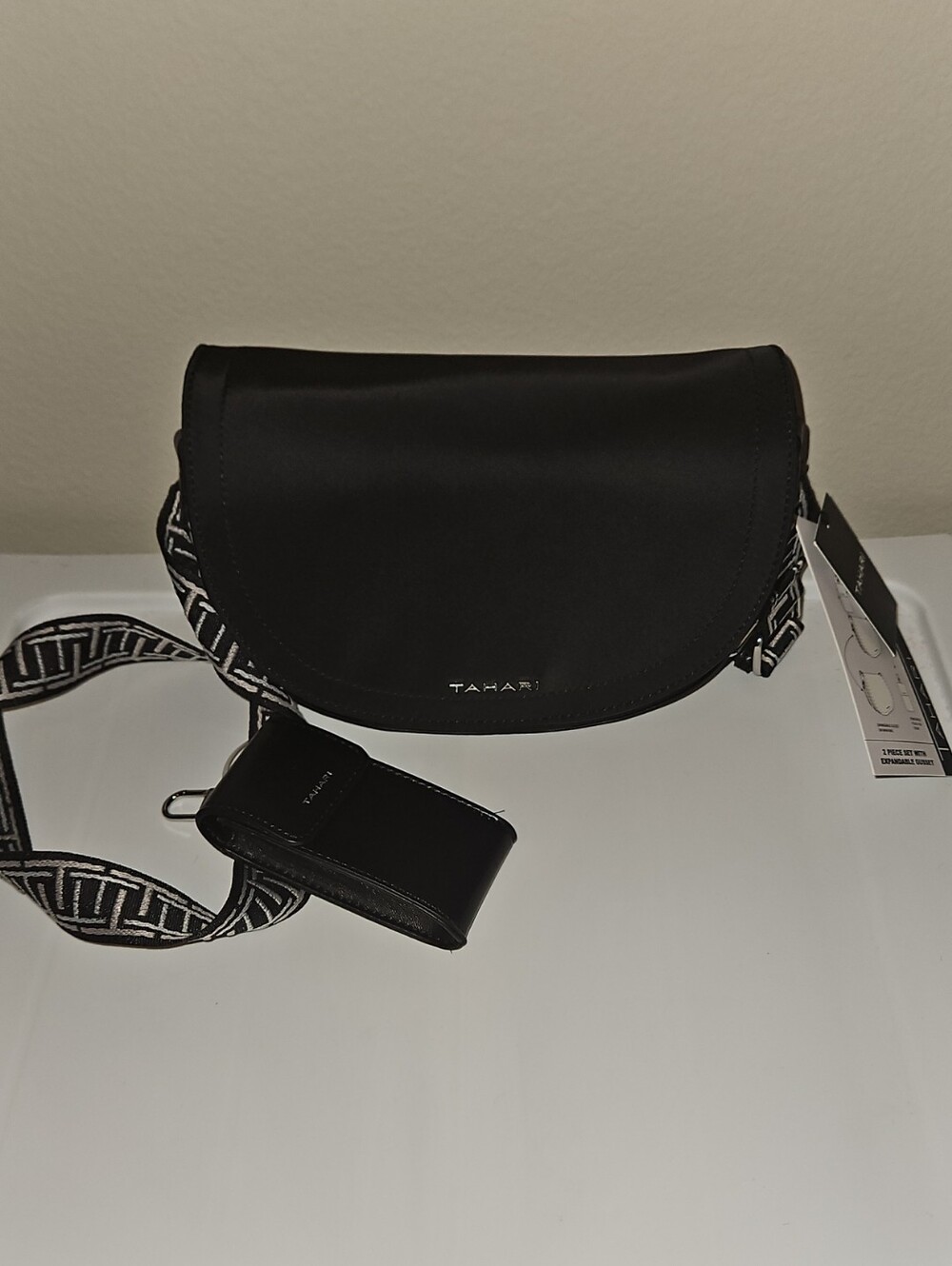 Tahari Black Crossbody with Patterned Strap and Pouch